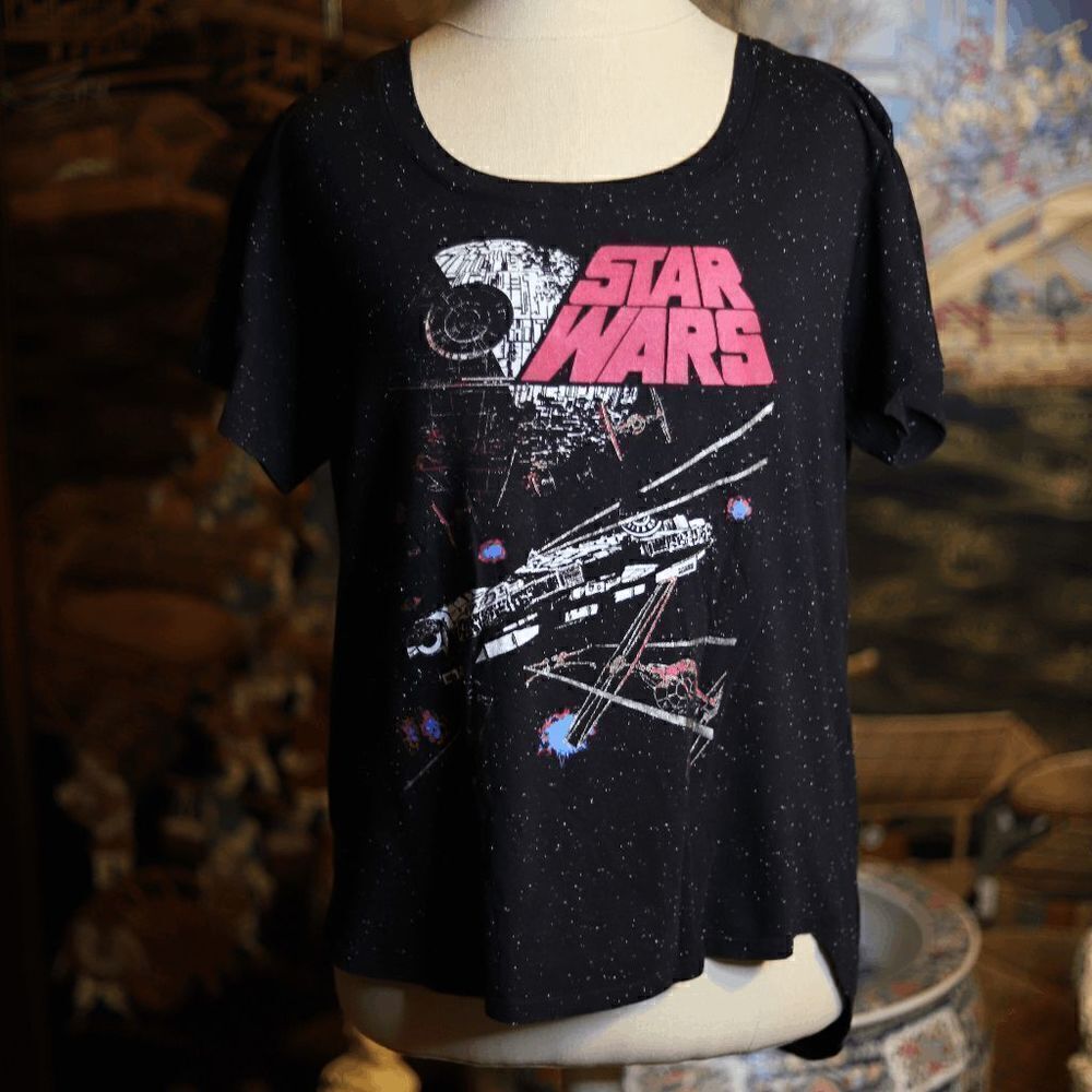 Large Star Wars Death Star Millennium Falcon Black Tee Tshirt